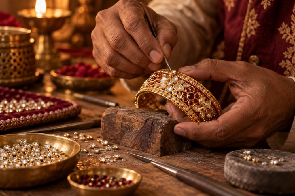 Setting kundan stones into a bangle